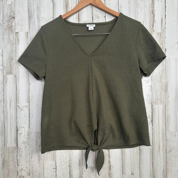 J Crew Textured VNeck Top Medium Green Cropped Boxy Front Tie Preppy Beachy - Picture 1 of 9
